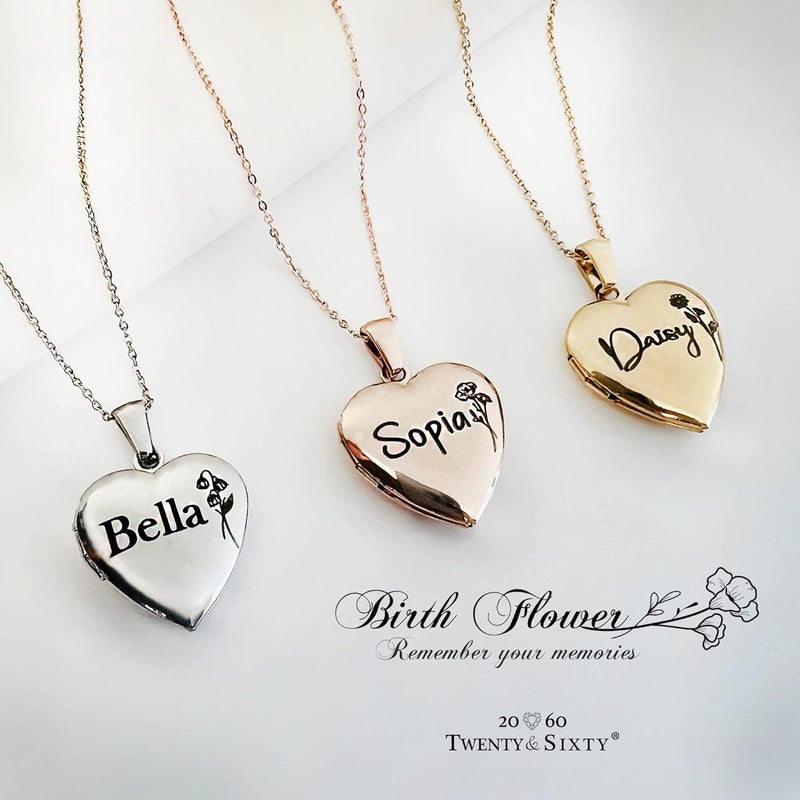 Twenty&Sixty Personalized Heart Locket Necklace for Women, Girl, Kids, Holds Pictures, Birth Flower Personalized & Engraved Picture Locket Necklace Gold/Silver/RoseGold - Image 2